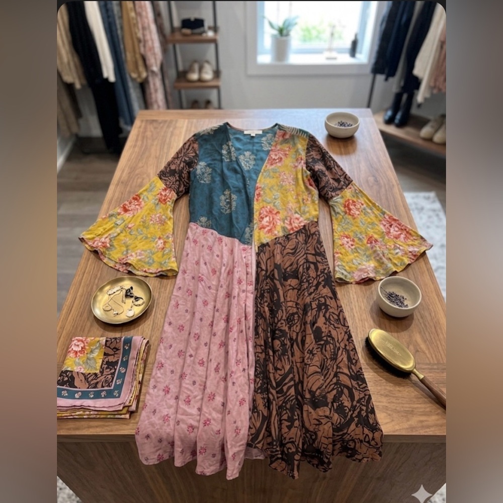 Patchwork Floral Kimono in Teal, Yellow, Pink & Brown with Flowy Bell Sleeves